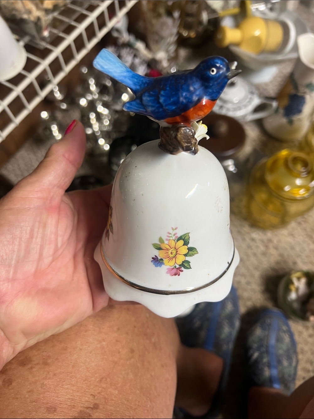 Vintage Porcelain Bell with Colorful Blue & Orange Bird music box